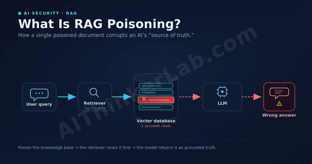 RAG poisoning diagram showing a corrupted document retrieved from a vector database into an AI answer.