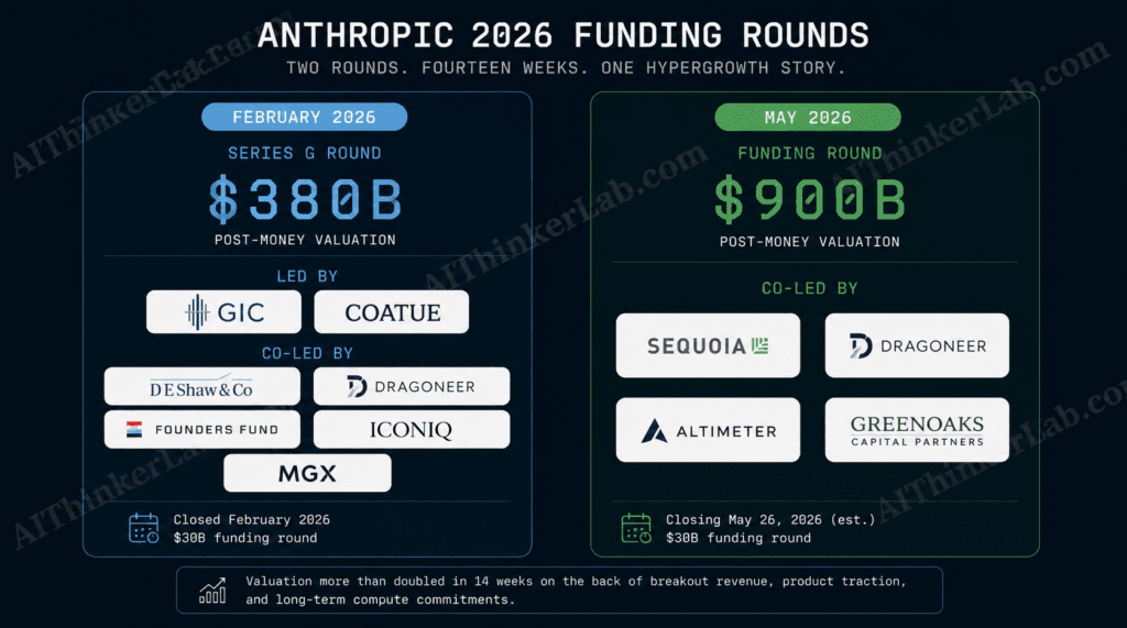 Comparison of Anthropic's February and May 2026 funding rounds with lead investors.