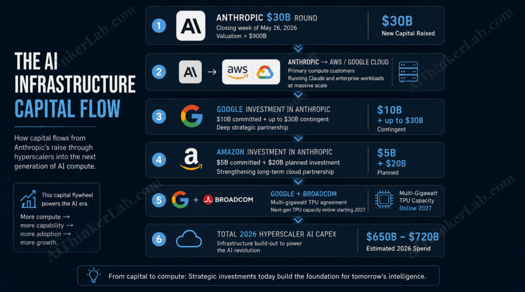 Infographic of AI infrastructure capital flow involving Anthropic, AWS, Google, and Broadcom in 2026.