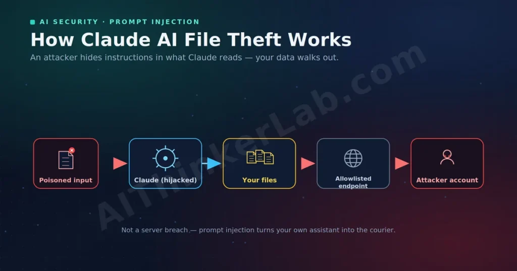 Claude AI file theft diagram showing prompt injection hijacking Claude to exfiltrate files to an attacker.
