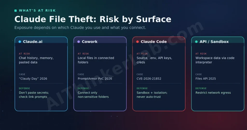 Comparison of data at risk across Claude.ai, Cowork, Claude Code, and API surfaces with defenses.