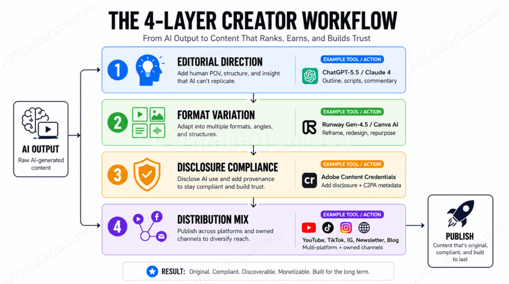 Four-layer workflow diagram showing how creators move AI output to publish through editorial and compliance steps