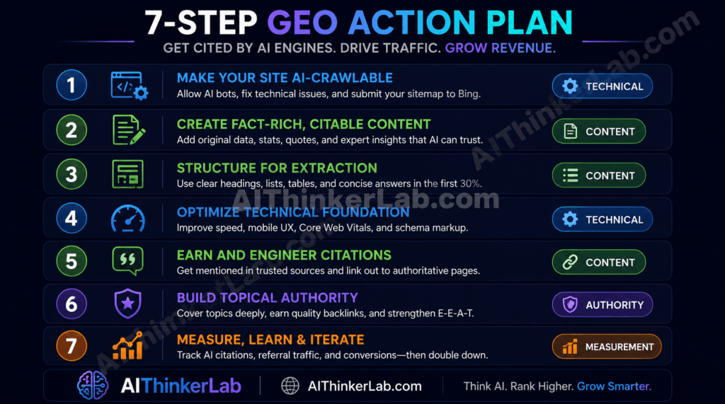 Generative Engine Optimization 7-step action plan 2026 — Bing indexing, fact density audit, schema markup, original data, citation network, AI tracking setup.
