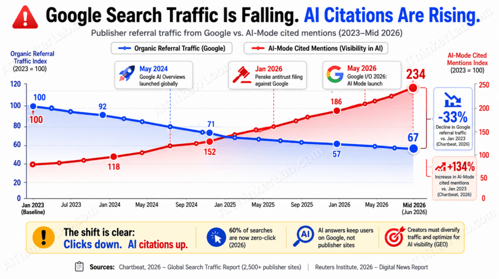 Chart of publisher Google referral traffic declining 2023 to 2026 alongside the rise of AI Mode synthesis events