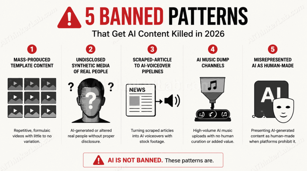 Diagram of five AI content patterns banned on YouTube in 2026, including templated videos and undisclosed deepfakes
