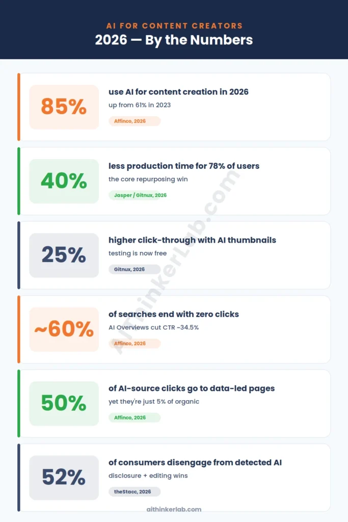 Infographic of 2026 AI content creator statistics: adoption, time savings, thumbnail CTR, and zero-click search.