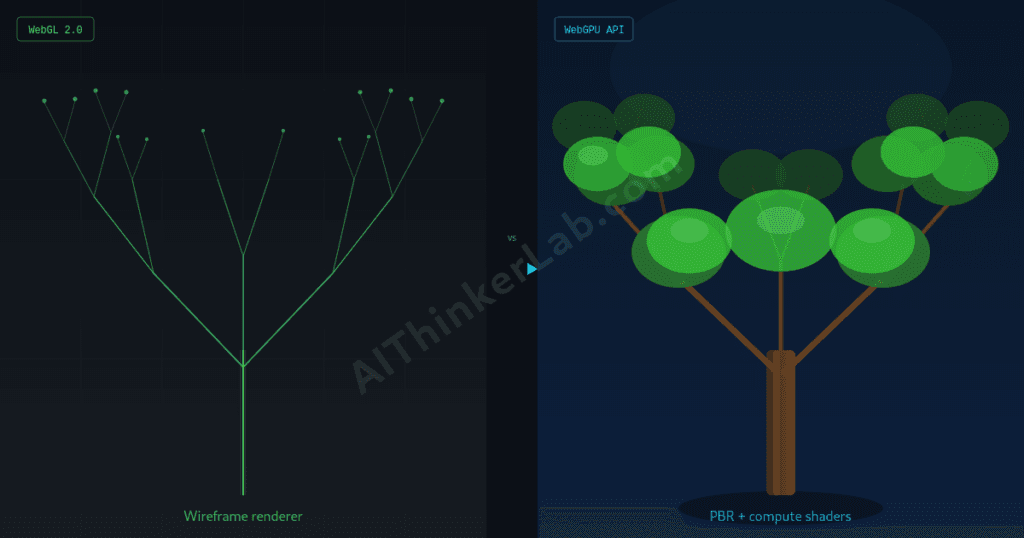 Bonsai WebGPU integration comparison showing WebGL vs WebGPU rendering of a procedural tree