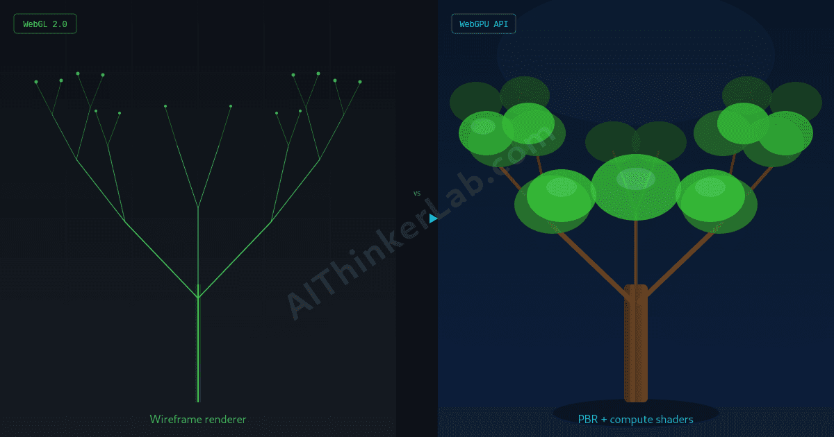 Bonsai WebGPU integration comparison showing WebGL vs WebGPU rendering of a procedural tree