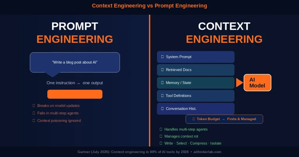 Context engineering vs prompt engineering diagram showing information layers feeding an AI model's context window