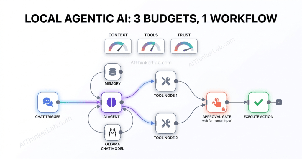 n8n workflow diagram of a local agentic AI setup with Ollama, two tools and a human approval gate